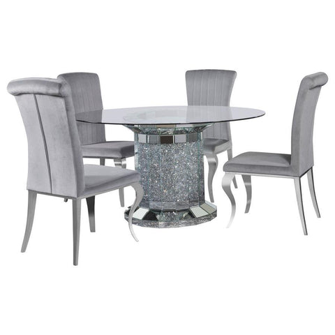Ellie - 5 Piece Cylinder Pedestal Dining Room Set - Mirror And Gray